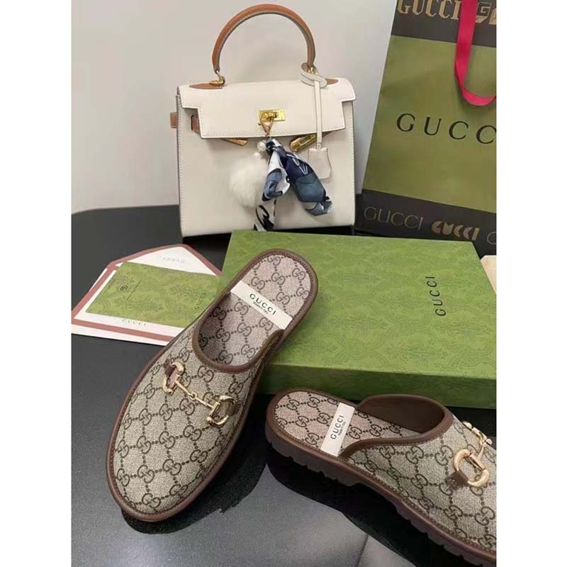 Gucci Unisex Slipper Horsebit GG Supreme Canvas Rubber Sole Flat 1 Cm Heel