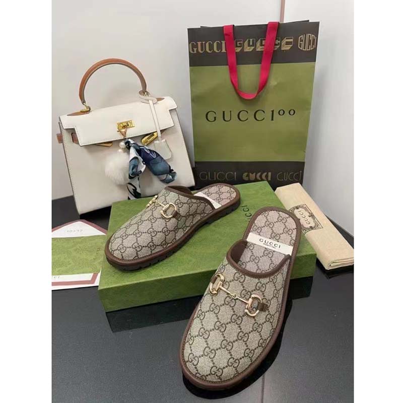 Gucci Unisex Slipper Horsebit GG Supreme Canvas Rubber Sole Flat 1 Cm Heel