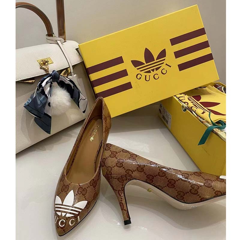 Gucci Women Adidas x Gucci GG Pump Beige Brown GG Crystal Canvas 9 Cm Heel