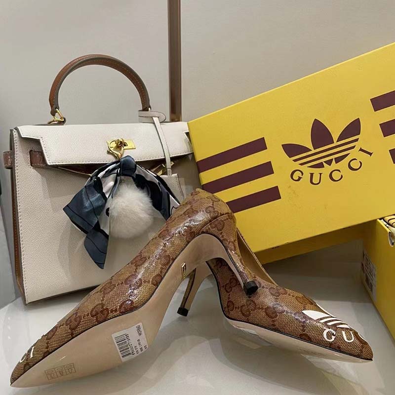 Gucci Women Adidas x Gucci GG Pump Beige Brown GG Crystal Canvas 9 Cm Heel