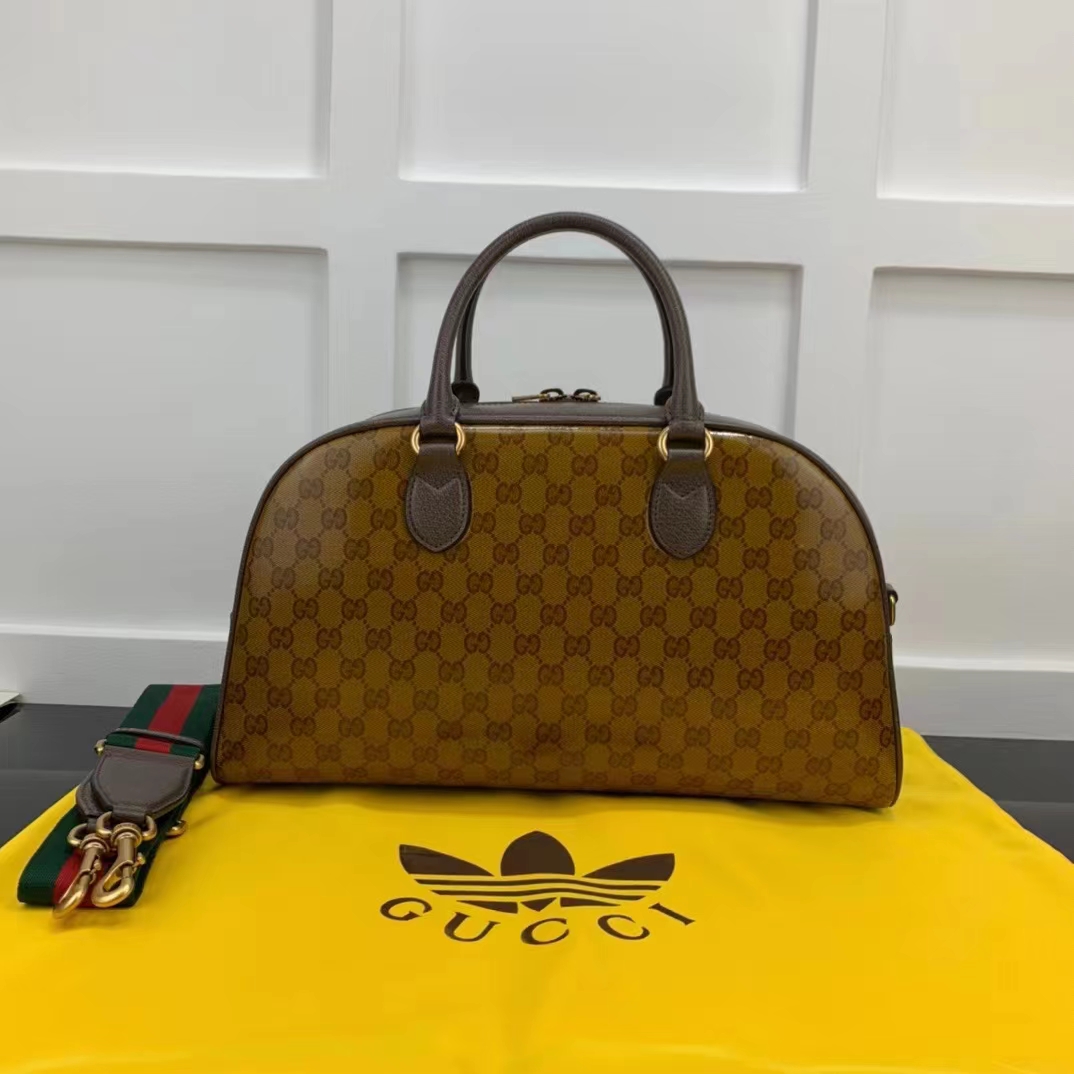 Gucci Unisex Adidas x Gucci Large Duffle Bag Beige Brown GG Crystal Canvas