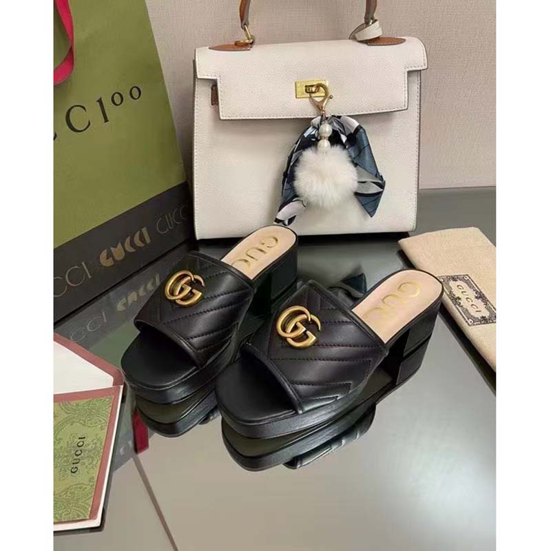 Gucci Women Double G Slide Sandal Black Chevron Matelassé Leather Mid-Heel