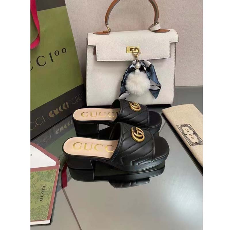 Gucci Women Double G Slide Sandal Black Chevron Matelassé Leather Mid-Heel