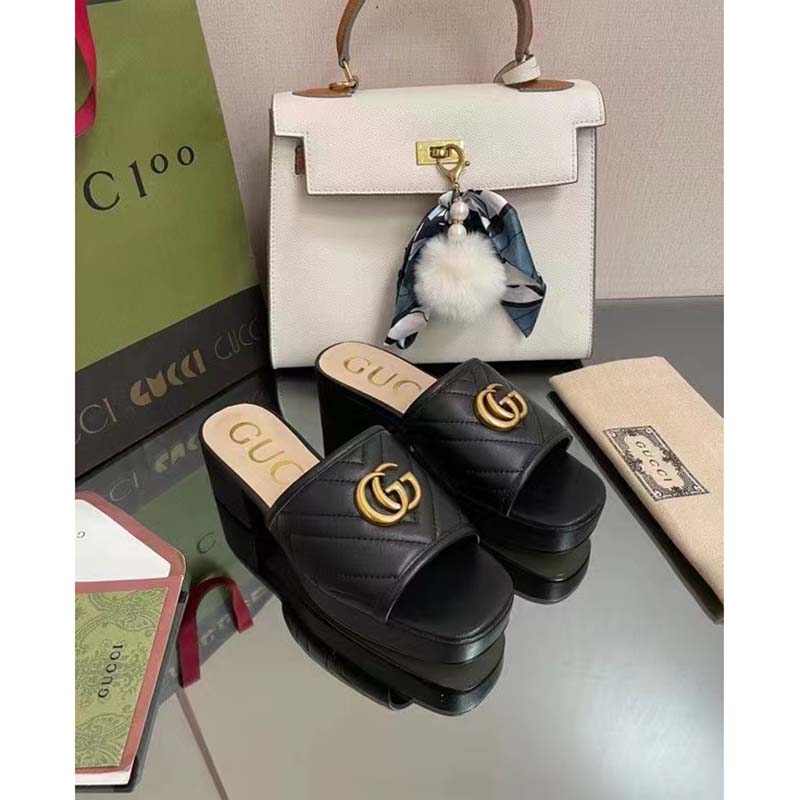Gucci Women Double G Slide Sandal Black Chevron Matelassé Leather Mid-Heel
