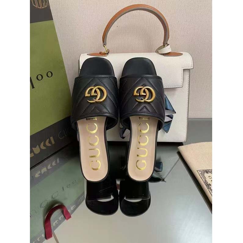 Gucci Women Double G Slide Sandal Black Chevron Matelassé Leather Mid-Heel