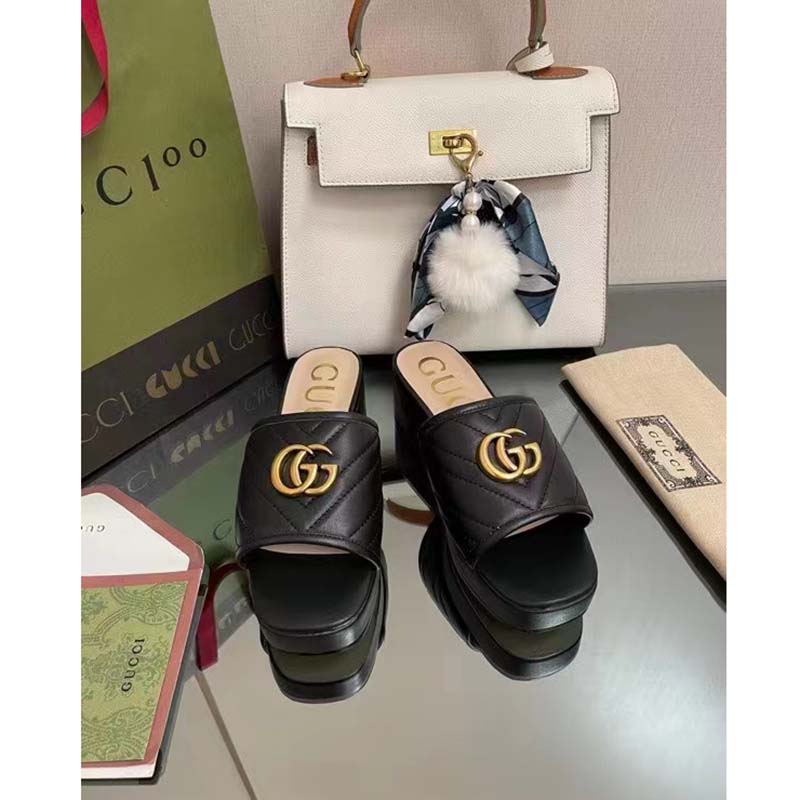 Gucci Women Double G Slide Sandal Black Chevron Matelassé Leather Mid-Heel