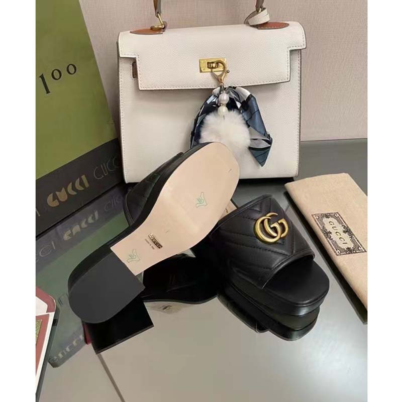 Gucci Women Double G Slide Sandal Black Chevron Matelassé Leather Mid-Heel