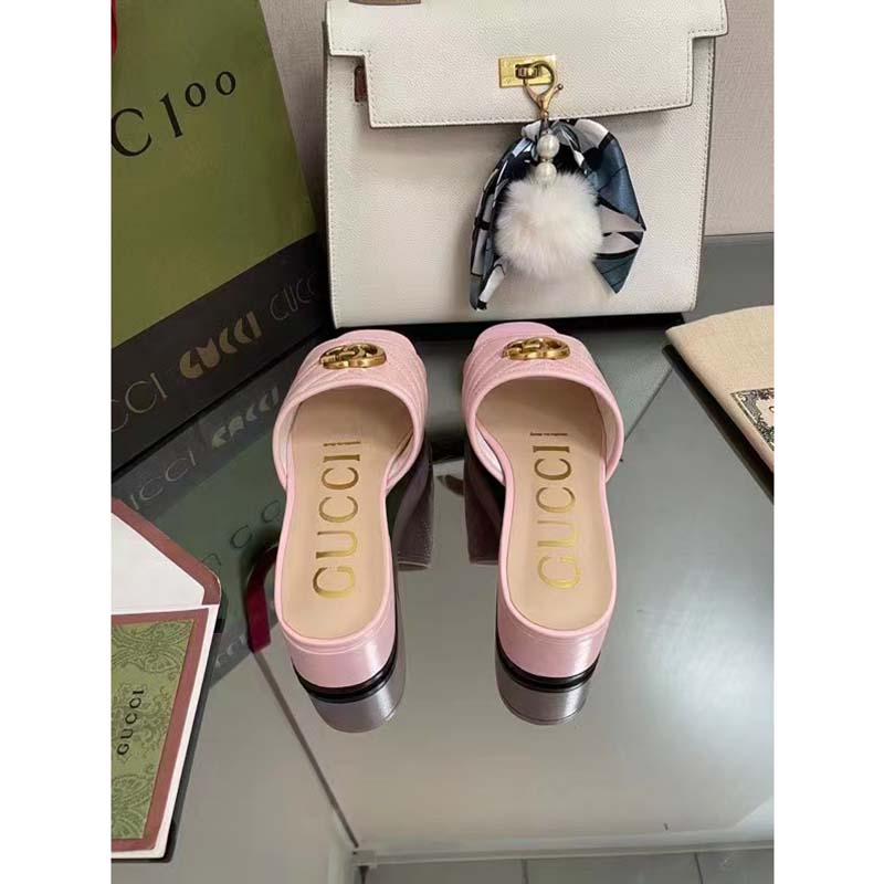 Gucci Women Double G Slide Sandal Rose Pink Chevron Matelassé Leather Mid-Heel