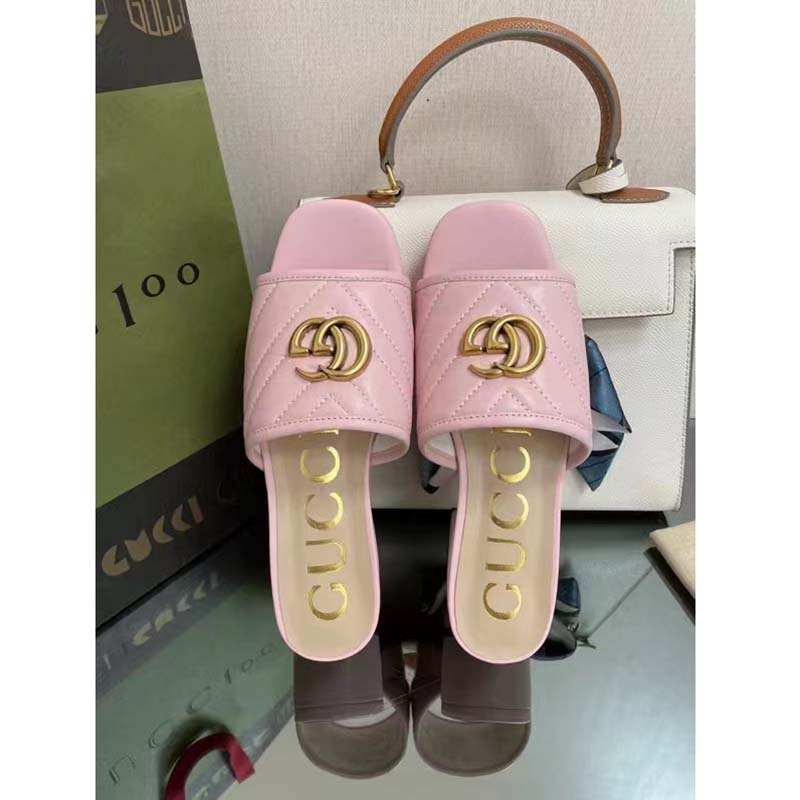 Gucci Women Double G Slide Sandal Rose Pink Chevron Matelassé Leather Mid-Heel