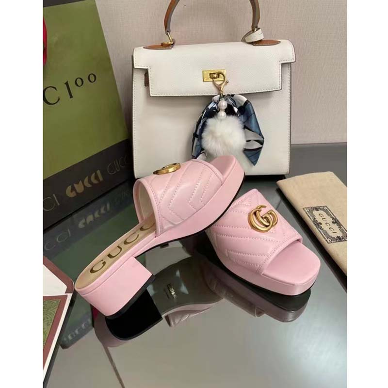 Gucci Women Double G Slide Sandal Rose Pink Chevron Matelassé Leather Mid-Heel