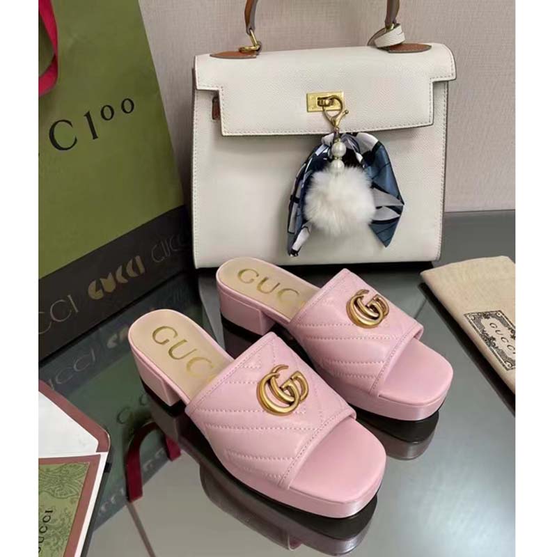 Gucci Women Double G Slide Sandal Rose Pink Chevron Matelassé Leather Mid-Heel