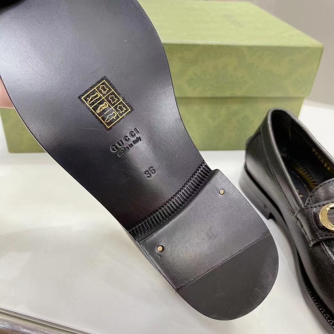 Gucci Women GG Leather Loafer Black Metal Logo Metallic Sunray Print Low Heel