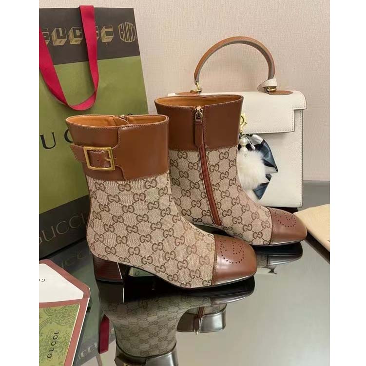 Gucci Women’s GG Canvas Ankle Boot Beige Ebony Canvas Leather Low 4 Cm Heel