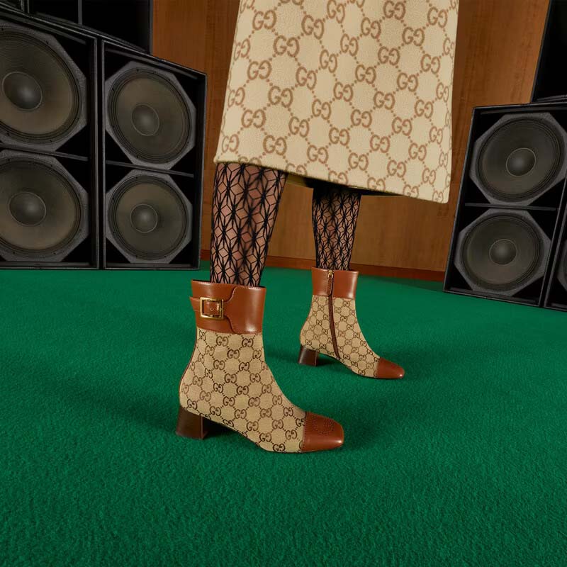 Gucci Women’s GG Canvas Ankle Boot Beige Ebony Canvas Leather Low 4 Cm Heel