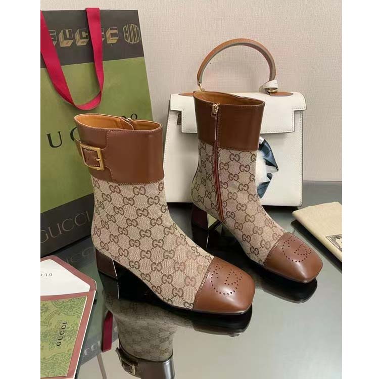 Gucci Women’s GG Canvas Ankle Boot Beige Ebony Canvas Leather Low 4 Cm Heel