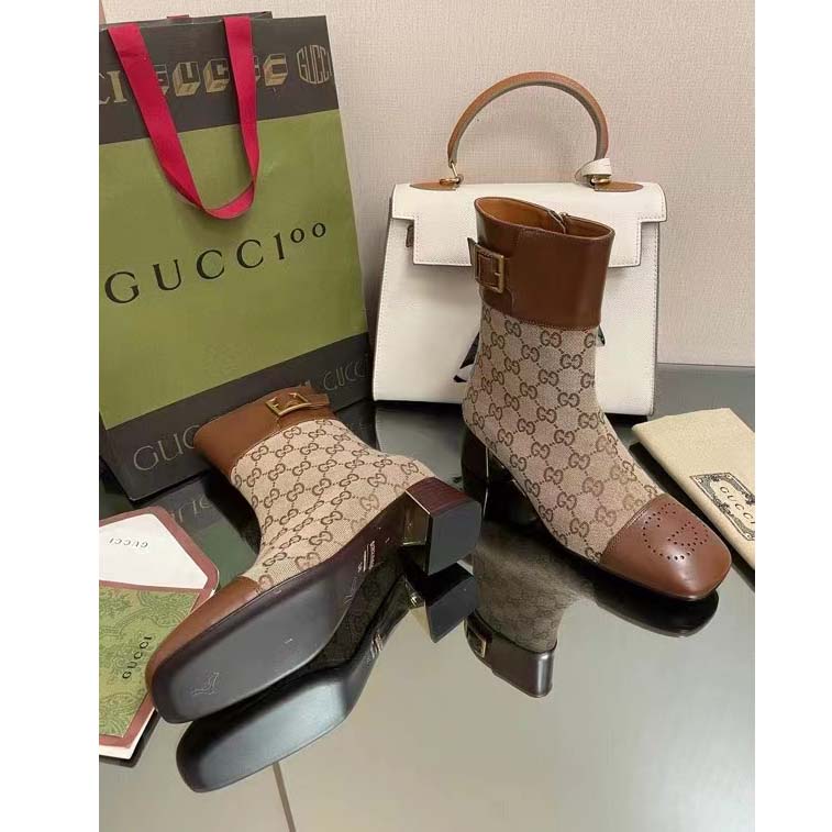 Gucci Women’s GG Canvas Ankle Boot Beige Ebony Canvas Leather Low 4 Cm Heel