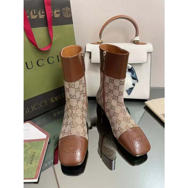Gucci Women’s GG Canvas Ankle Boot Beige Ebony Canvas Leather Low 4 Cm Heel