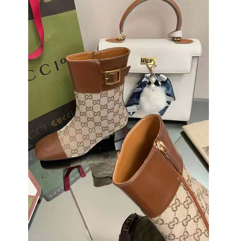 Gucci Women’s GG Canvas Ankle Boot Beige Ebony Canvas Leather Low 4 Cm Heel