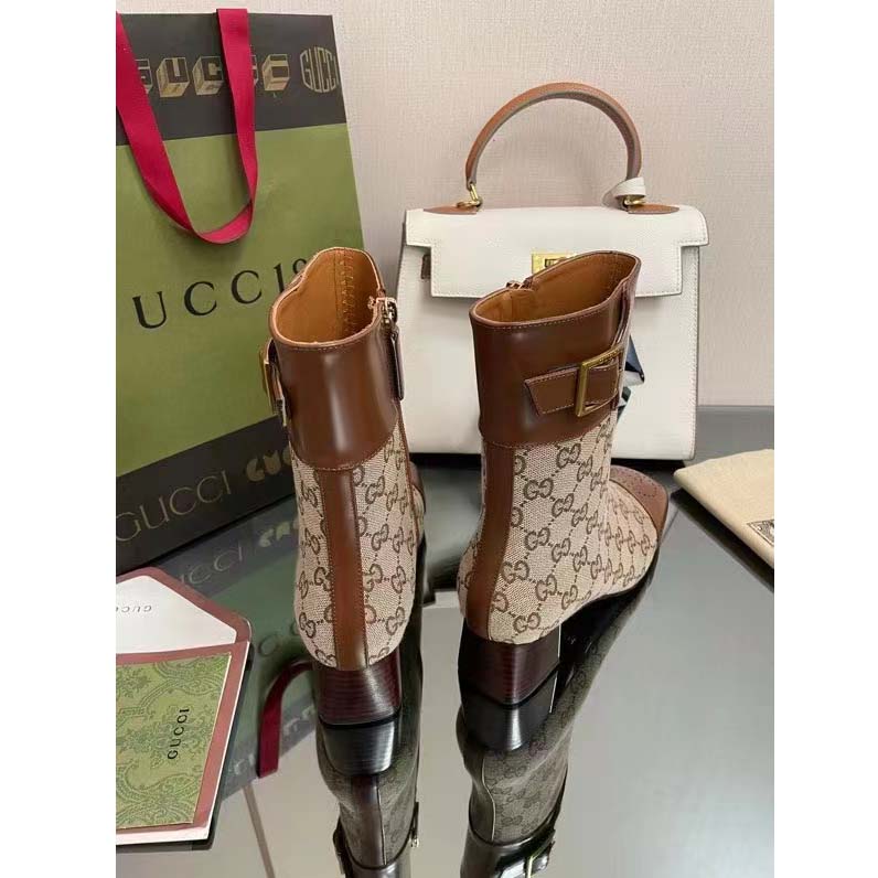Gucci Women’s GG Canvas Ankle Boot Beige Ebony Canvas Leather Low 4 Cm Heel
