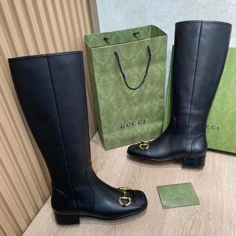 Gucci Women’s GG Knee-High Boot Horsebit Black Rubber Sole Low 4 Cm Heel