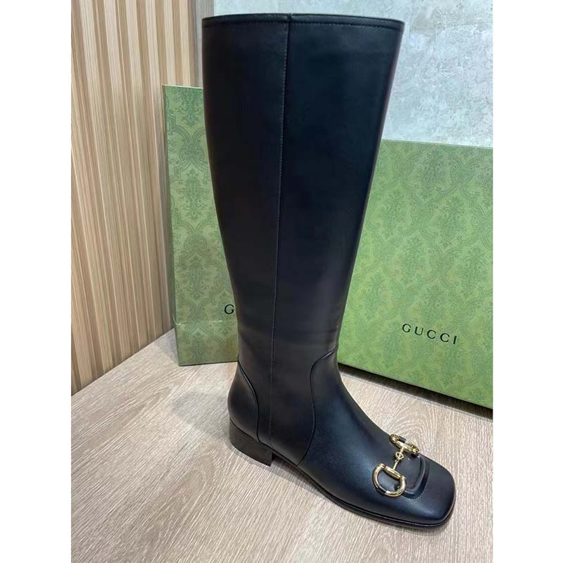 Gucci Women’s GG Knee-High Boot Horsebit Black Rubber Sole Low 4 Cm Heel