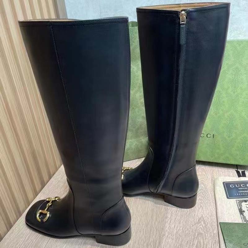 Gucci Women’s GG Knee-High Boot Horsebit Black Rubber Sole Low 4 Cm Heel