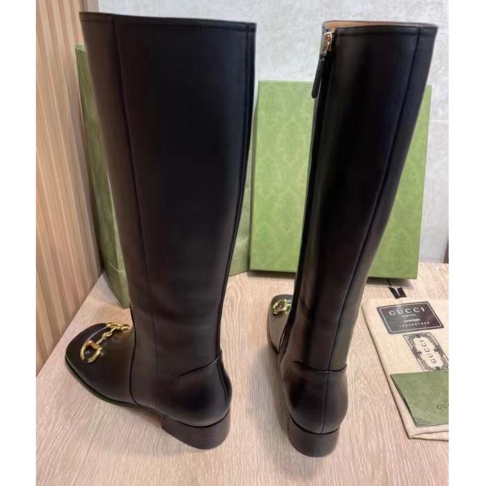 Gucci Women’s GG Knee-High Boot Horsebit Black Rubber Sole Low 4 Cm Heel