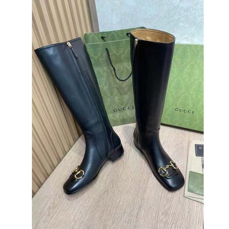 Gucci Women’s GG Knee-High Boot Horsebit Black Rubber Sole Low 4 Cm Heel
