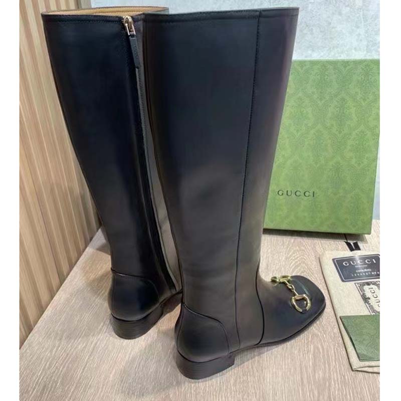 Gucci Women’s GG Knee-High Boot Horsebit Black Rubber Sole Low 4 Cm Heel