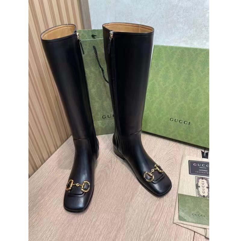 Gucci Women’s GG Knee-High Boot Horsebit Black Rubber Sole Low 4 Cm Heel