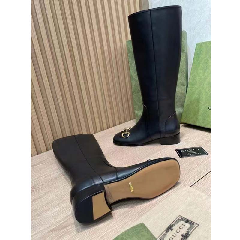 Gucci Women’s GG Knee-High Boot Horsebit Black Rubber Sole Low 4 Cm Heel