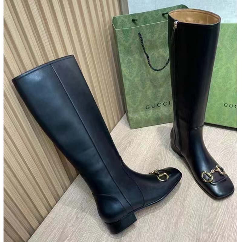 Gucci Women’s GG Knee-High Boot Horsebit Black Rubber Sole Low 4 Cm Heel
