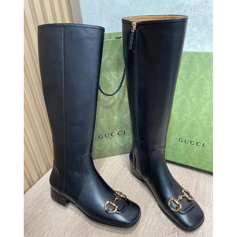 Gucci Women’s GG Knee-High Boot Horsebit Black Rubber Sole Low 4 Cm Heel