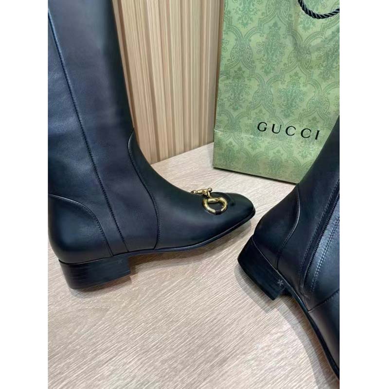 Gucci Women’s GG Knee-High Boot Horsebit Black Rubber Sole Low 4 Cm Heel