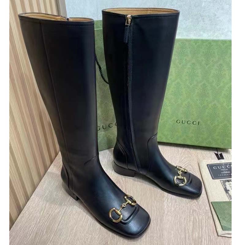 Gucci Women’s GG Knee-High Boot Horsebit Black Rubber Sole Low 4 Cm Heel