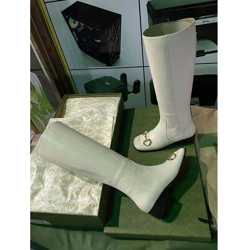 Gucci Women’s Knee-High Boot Horsebit White Rubber Sole Low 4 Cm Heel