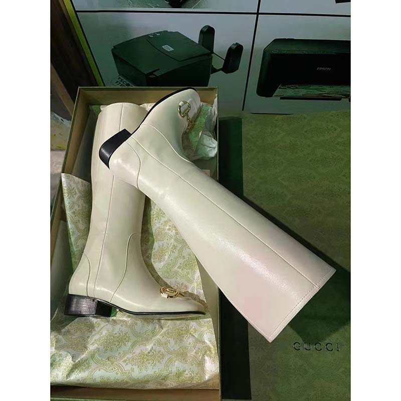 Gucci Women’s Knee-High Boot Horsebit White Rubber Sole Low 4 Cm Heel