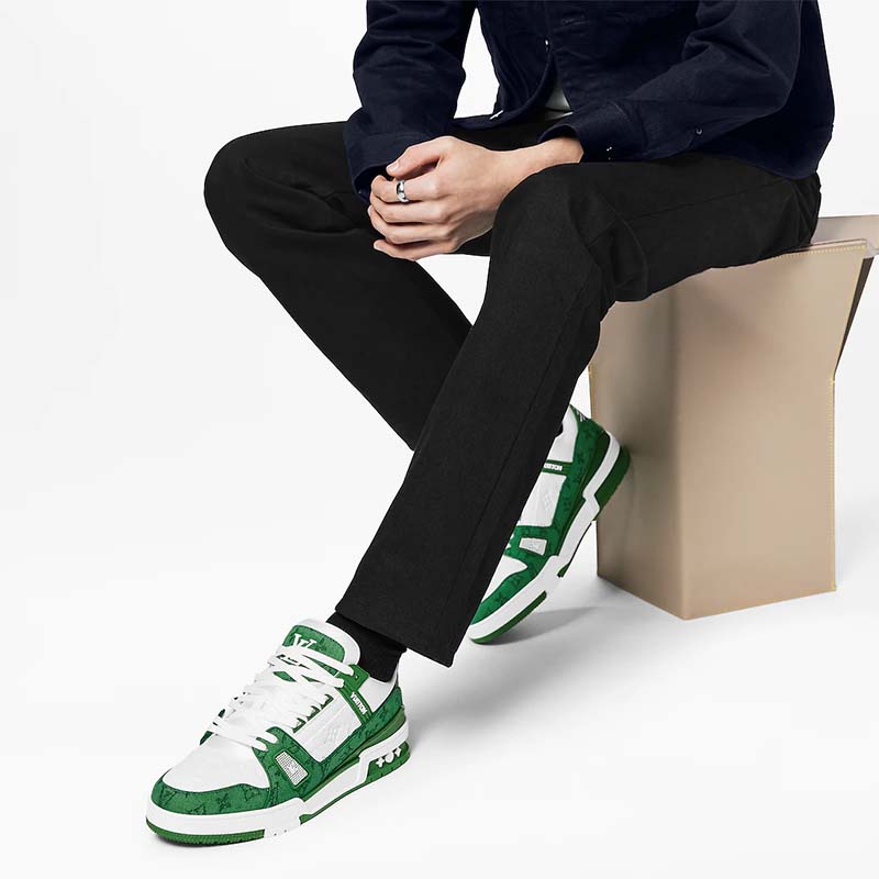 Louis Vuitton Unisex LV Trainer Sneaker Green Monogram Denim Embossed Grained Calf Leather