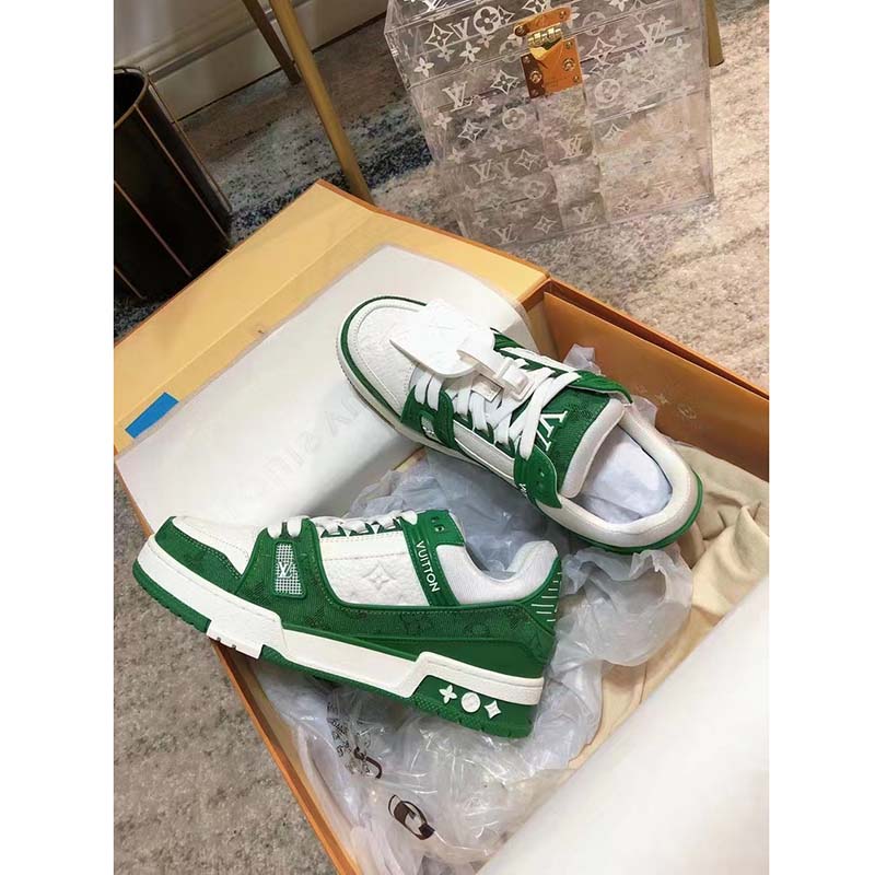 Louis Vuitton Unisex LV Trainer Sneaker Green Monogram Denim Embossed Grained Calf Leather