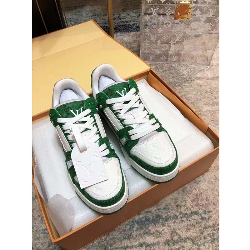 Louis Vuitton Unisex LV Trainer Sneaker Green Monogram Denim Embossed Grained Calf Leather
