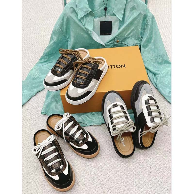 Louis Vuitton Women LV Lous Open-Back Sneaker Black Suede Calf Leather Double Laces