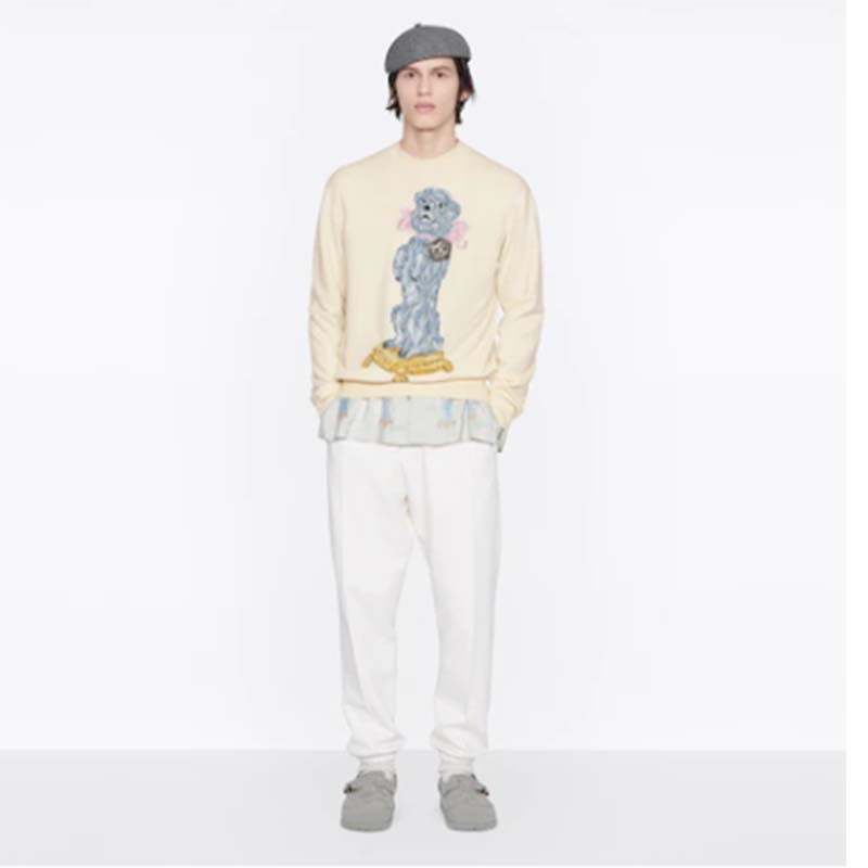 Dior Men CD Bobby Sweater Ecru Cashmere Jacquard Ribbed Round Collar