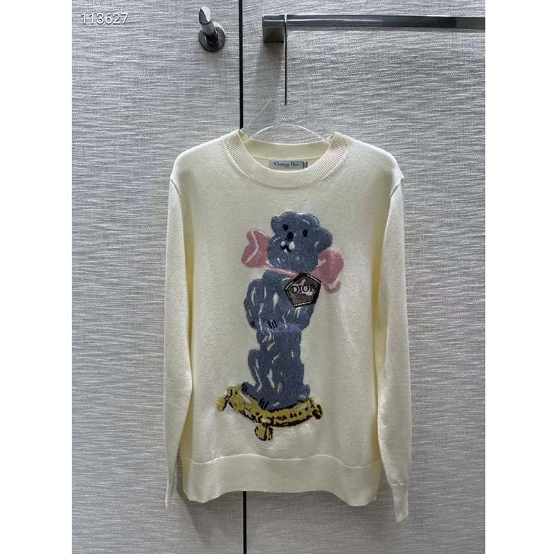 Dior Men CD Bobby Sweater Ecru Cashmere Jacquard Ribbed Round Collar