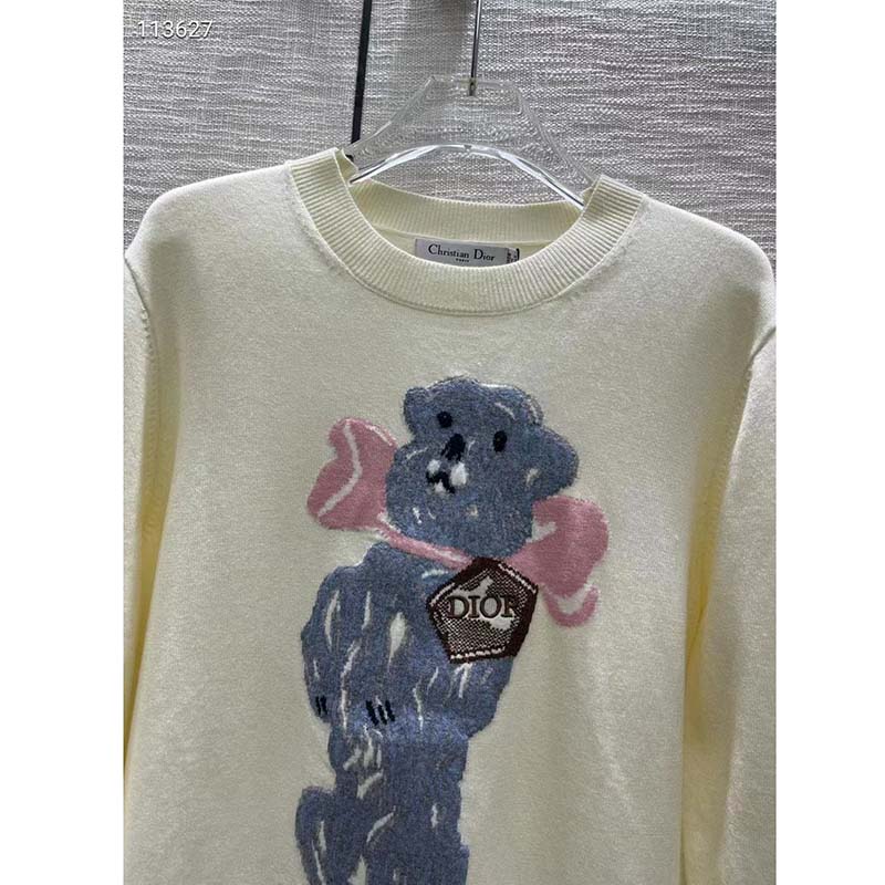 Dior Men CD Bobby Sweater Ecru Cashmere Jacquard Ribbed Round Collar