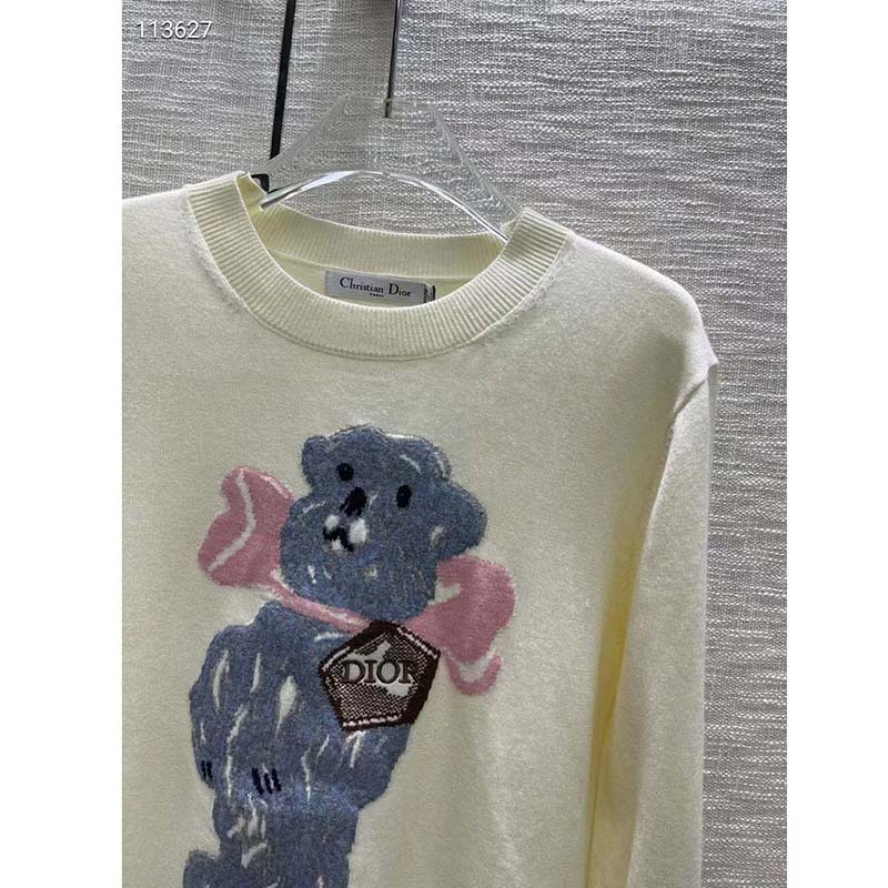 Dior Men CD Bobby Sweater Ecru Cashmere Jacquard Ribbed Round Collar
