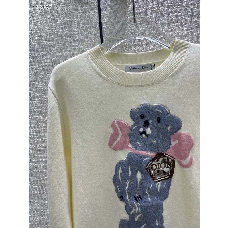 Dior Men CD Bobby Sweater Ecru Cashmere Jacquard Ribbed Round Collar