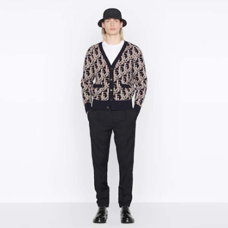Dior Men CD Dior Oblique Cardigan Navy Blue Wool Jacquard