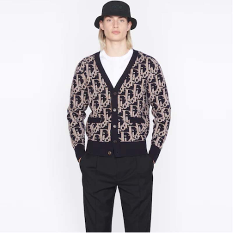 Dior Men CD Dior Oblique Cardigan Navy Blue Wool Jacquard