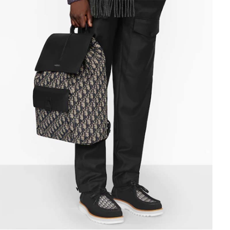 Dior Unisex CD Motion Backpack Beige Black Dior Oblique Jacquard Grained Calfskin