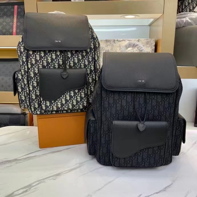 Dior Unisex CD Saddle Backpack Beige Black Dior Oblique Jacquard Grained Calfskin